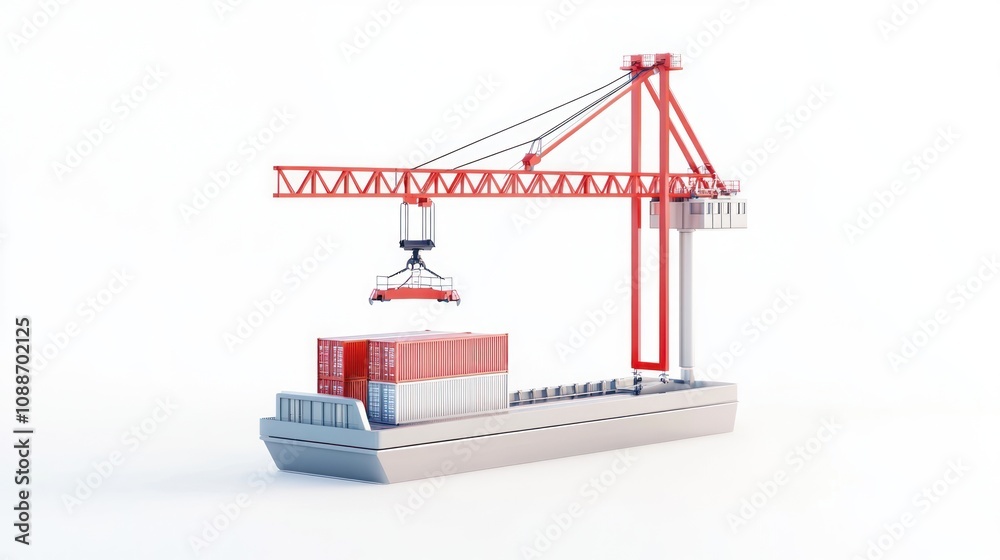 Poster a crane loading a shipping container onto a cargo ship for transport.