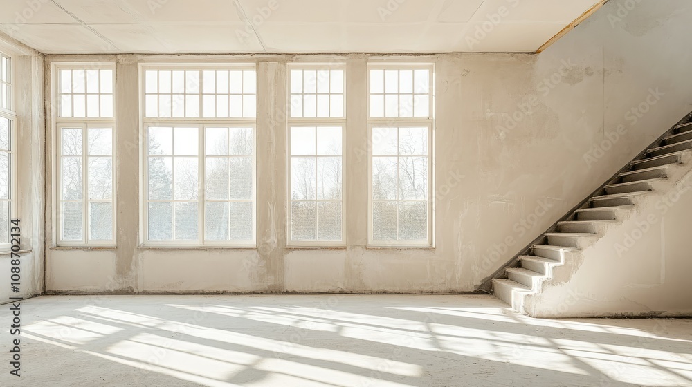 Poster A bare room with open windows and a staircase, illustrating an ongoing building project where windows are being installed on multiple floors.