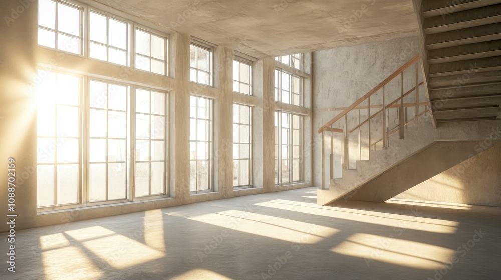 Poster A bare room with open windows and a staircase, illustrating an ongoing building project where windows are being installed on multiple floors.