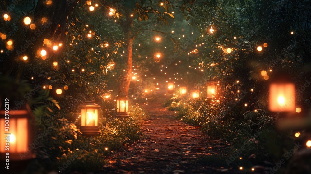 Aufkleber A beautifully illuminated forest path with glowing lanterns and sparkling lights, creating a magical, serene ambiance.