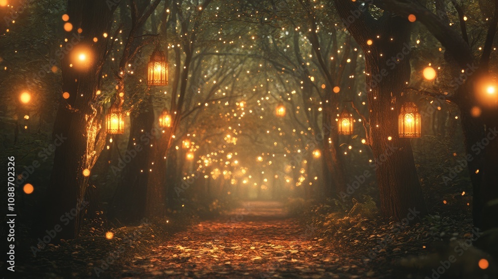 Poster A beautifully illuminated forest path with glowing lanterns and sparkling lights, creating a magical, serene ambiance.