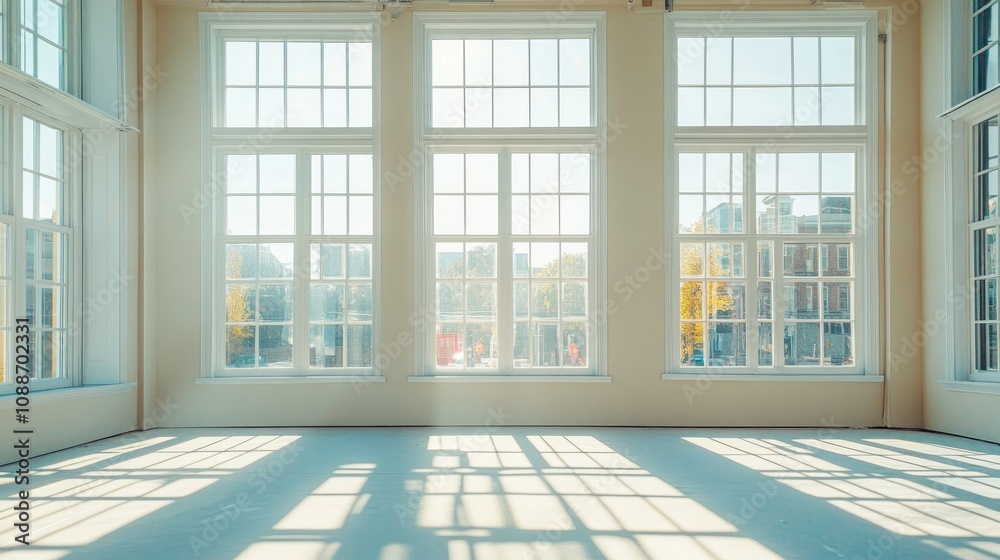 Aufkleber A bright, empty room with multiple windows, showing the process of installation as workers place new windows on each floor of a building.