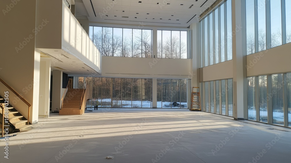 Aufkleber A clean, empty room with large windows and a staircase, while workers install windows on the upper levels of the building, showcasing progress.