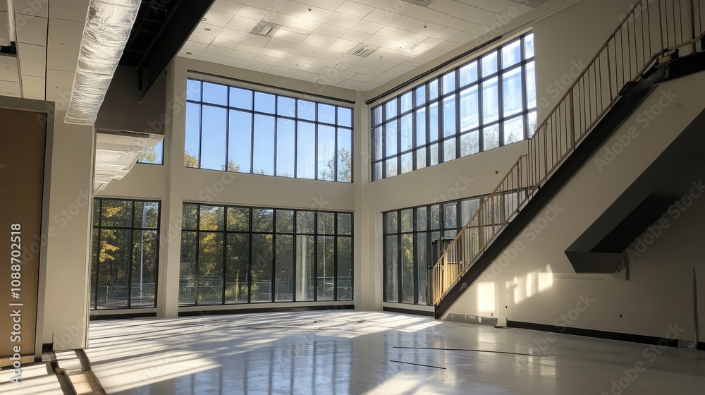 Aufkleber A clean, empty room with large windows and a staircase, while workers install windows on the upper levels of the building, showcasing progress.