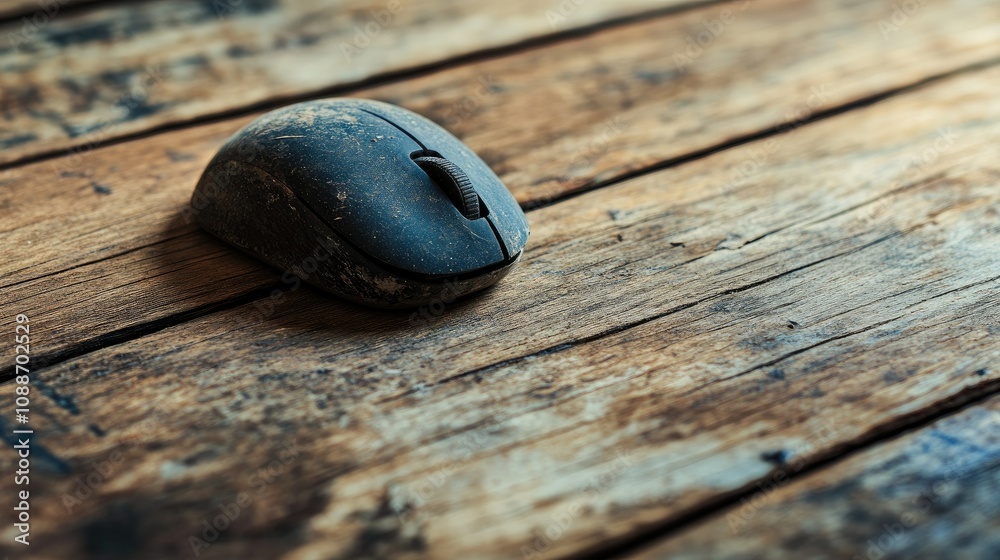 Poster a close-up of a tired computer mouse with a trackball, lying on an old wooden floor, reflecting year