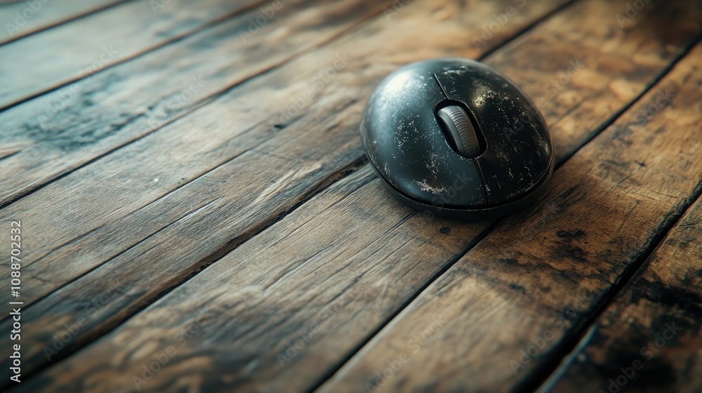 Poster a close-up of a tired computer mouse with a trackball, lying on an old wooden floor, reflecting year