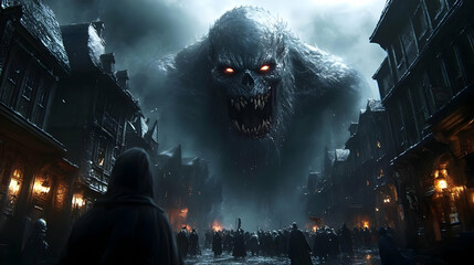 Giant Monster Attacks Medieval City at Night