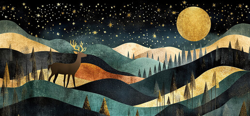 Obraz premium Abstract night forest with deer, moon, and stars in the background
