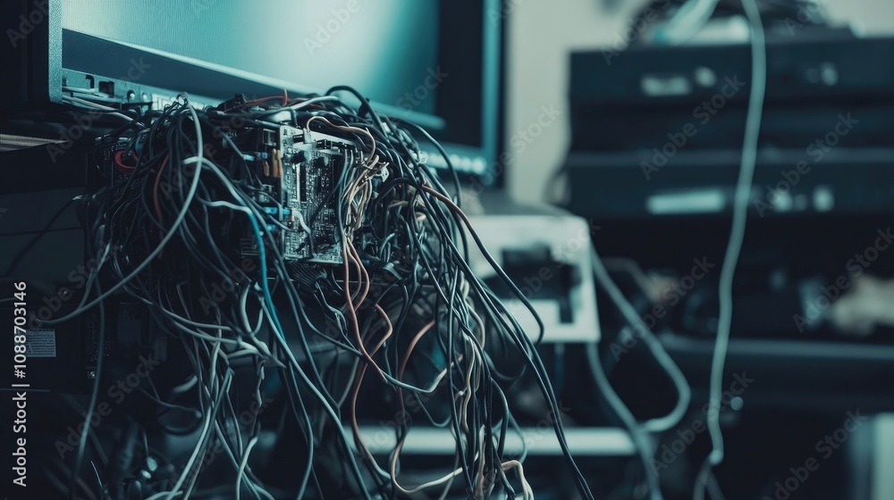 Poster A close-up of disordered wires tangled around a computer, with visible damage, representing the common issue of tech malfunctions caused by poor cable management.
