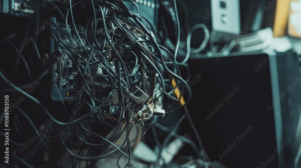 Poster A close-up of disordered wires tangled around a computer, with visible damage, representing the common issue of tech malfunctions caused by poor cable management.
