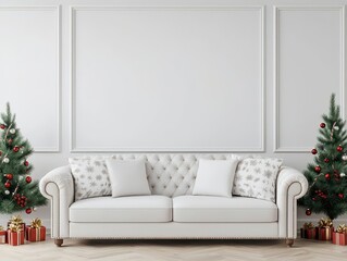 Fototapeta premium A cozy living room scene featuring a white sofa, decorative pillows, and Christmas trees adorned with ornaments and gifts.