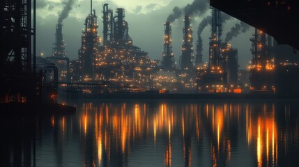 Obraz premium Industriegebiet mit auf dem Wasser reflektierten Nachtlichtern, das eine groÃe Ãlraffinerie und moderne FabrikgebÃ¤ude zeigt, Konzept Industrie