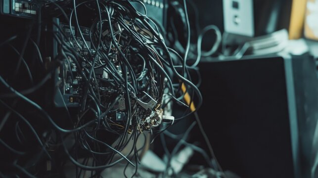 A close-up of disordered wires tangled around a computer, with visible damage, representing the common issue of tech malfunctions caused by poor cable management.