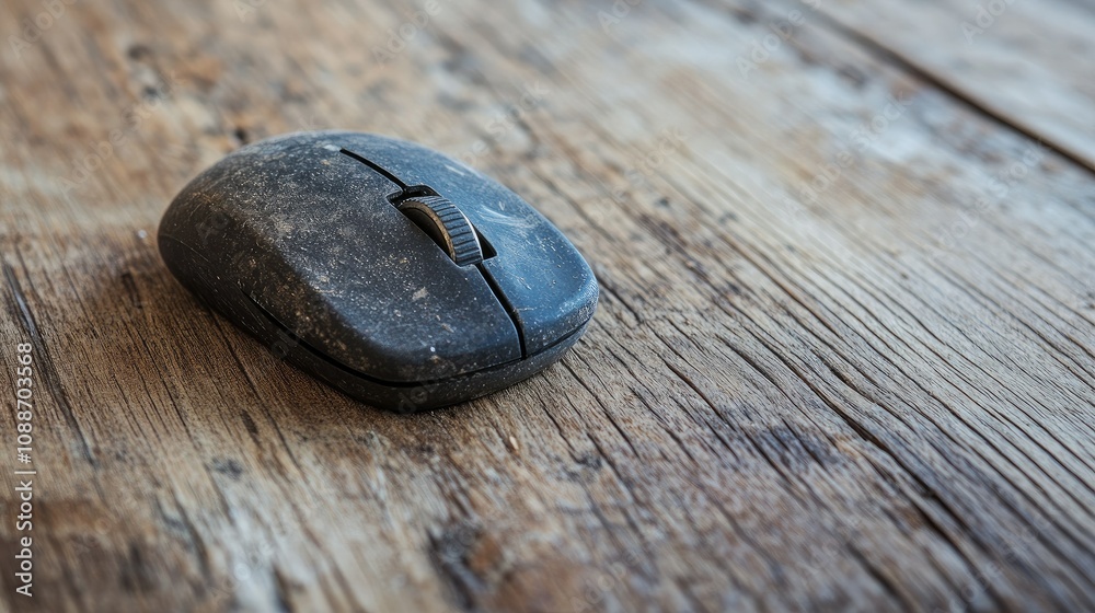 Poster a close-up shot of an old computer mouse with a trackball, showing visible signs of wear, resting on