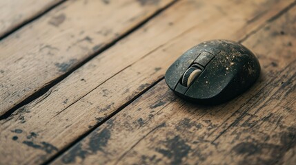 A close-up shot of an old computer mouse with a trackball, showing visible signs of wear, resting on a textured wooden floor.