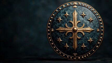 Ornate Dark Blue and Gold Medieval Shield 3D Render High Resolution Image