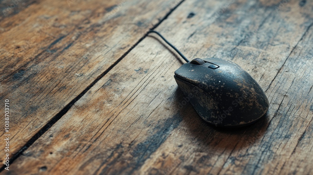 Poster A computer mouse with a trackball, showing visible signs of age and wear, resting on a timeworn wooden floor in a quiet workspace.