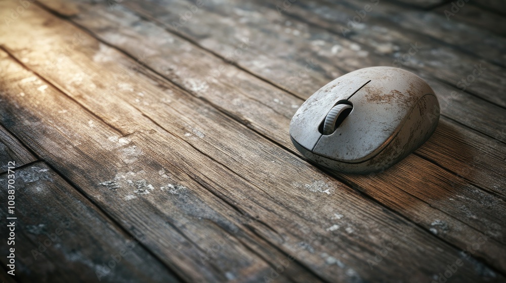 Poster A computer mouse with a trackball, showing visible signs of age and wear, resting on a timeworn wooden floor in a quiet workspace.
