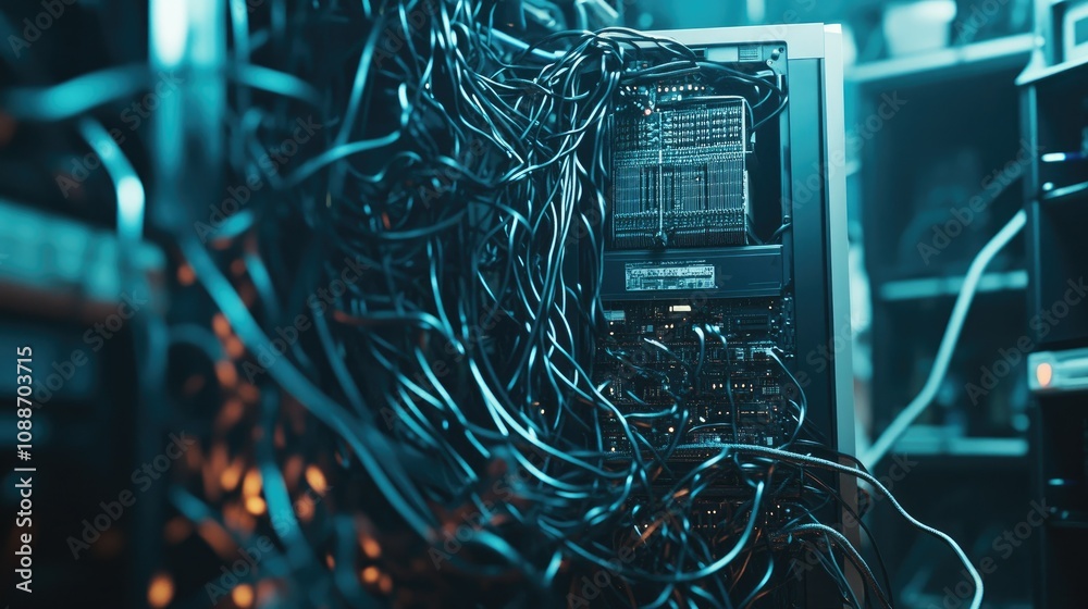 Poster A computer tower surrounded by tangled wires, symbolizing a malfunction and the disruptive effect of cable disorganization in the tech world.