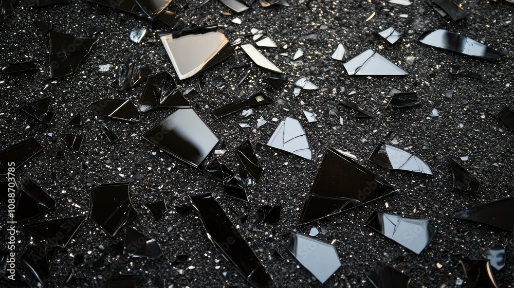 Poster A dark surface scattered with broken black glass shards, reflecting light and creating an abstract, sharp-edged texture full of contrast.