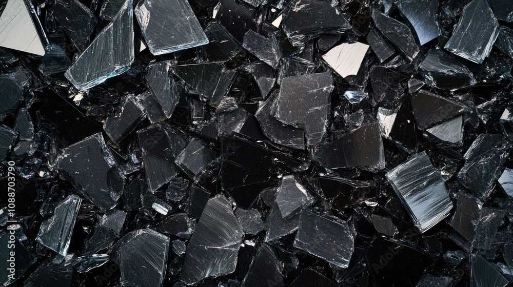 Aufkleber A dark surface scattered with broken black glass shards, reflecting light and creating an abstract, sharp-edged texture full of contrast.