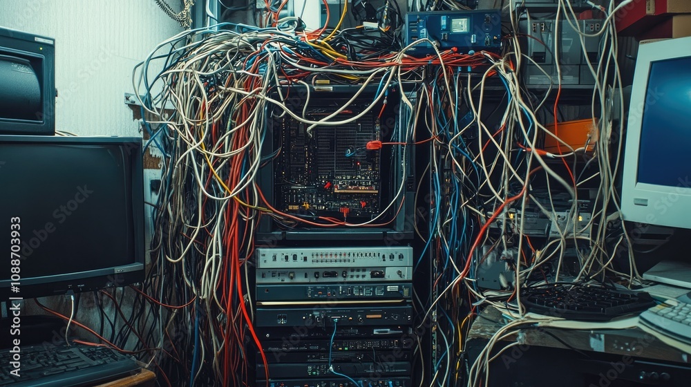 Poster A disorganized pile of tangled wires around a malfunctioning computer tower, showcasing the challenges of managing tech equipment in a busy workspace.