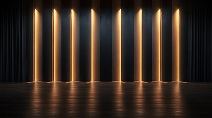 Dark room with illuminated vertical stripes on wall.