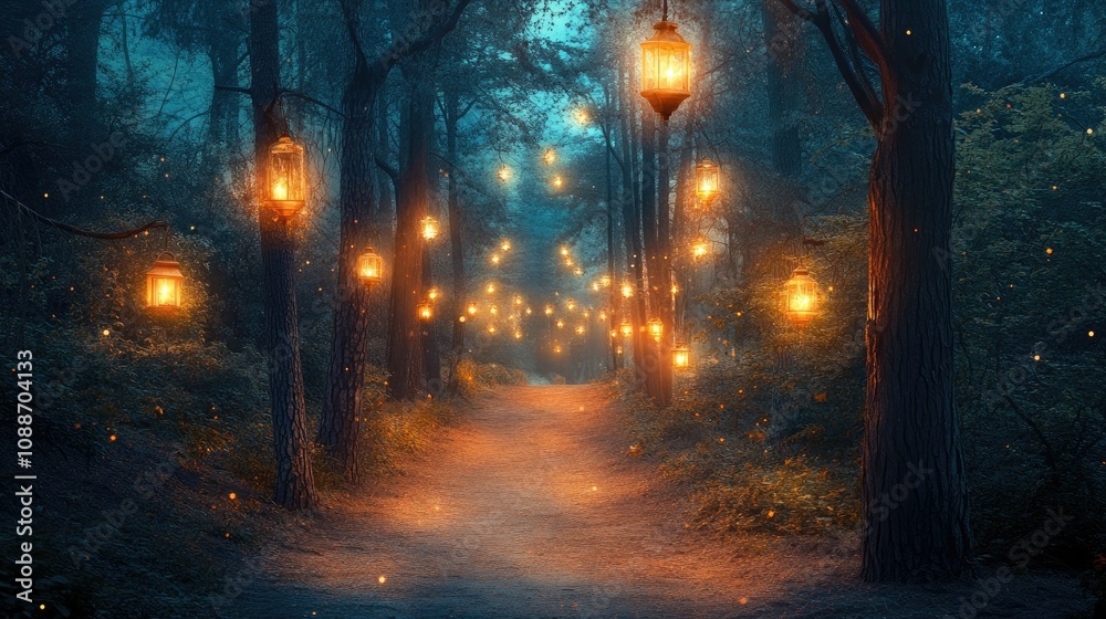Poster A forest pathway lit by glowing lanterns, surrounded by twinkling lights and bathed in the soft glow of twilight.