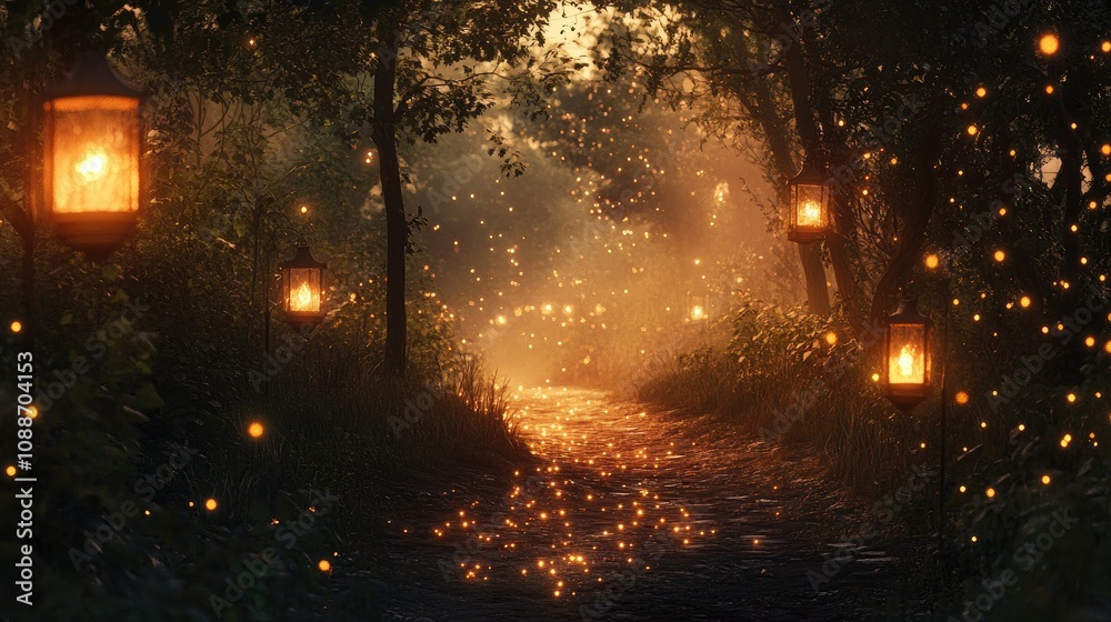 Poster A glowing forest path lined with lanterns, shimmering with tiny lights in the fading twilight, evoking a sense of mystery.