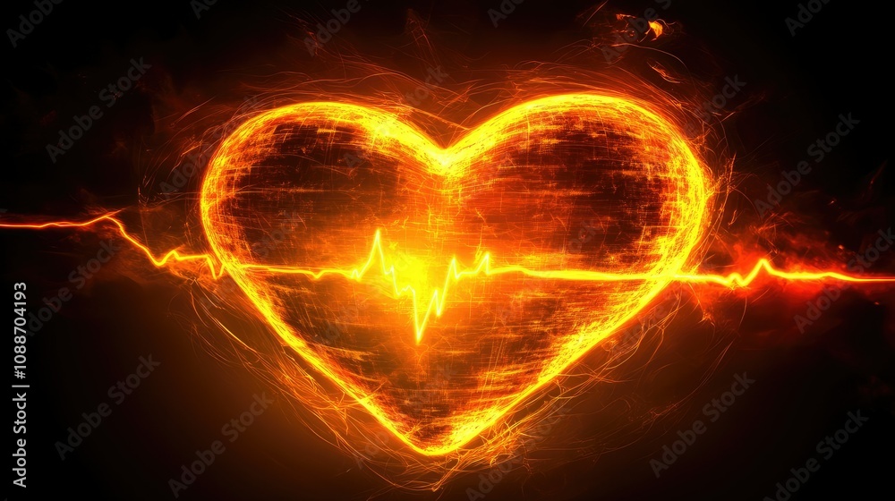 Poster a glowing heart pulsating with an electrocardiogram line in the dark, representing vitality, rhythm,