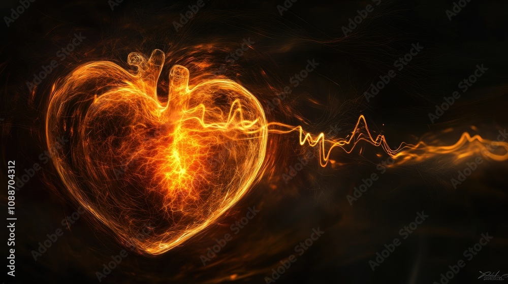Poster A glowing heart with a continuous electrocardiogram line flashing in sync, representing life force and vitality in the dark.