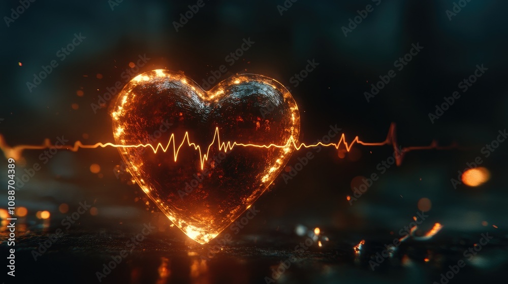 Aufkleber A glowing heart with a continuous electrocardiogram line flashing in sync, representing life force and vitality in the dark.