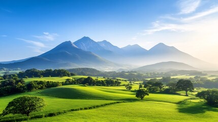 Breathtaking Mountainous Countryside with Lush Green Fields and Open Spaces for Text