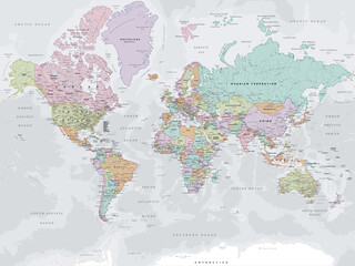 Political map of the World in Mercator projection. Highly detailed, editable with clearly labeled, separated layers. Vector illustration.