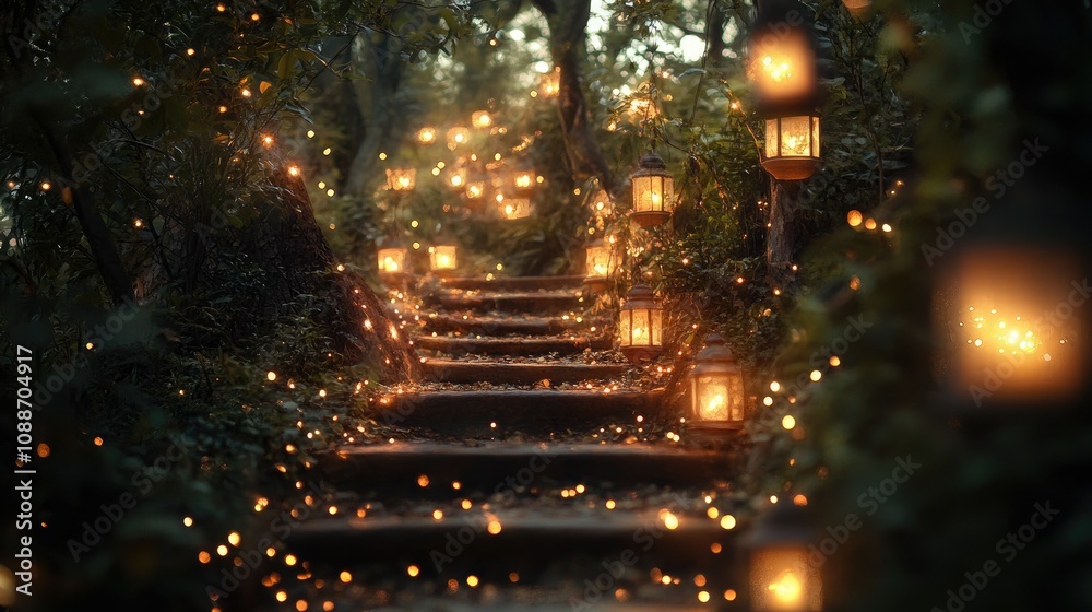 Poster A magical twilight forest pathway illuminated by lanterns, with sparkling lights creating an enchanting atmosphere.