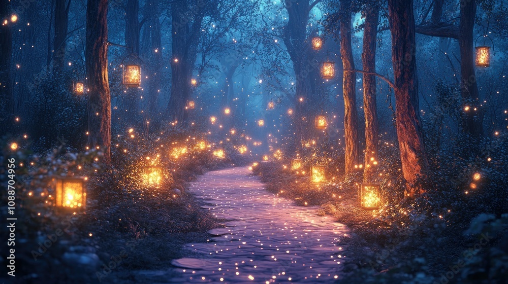 Poster A magical twilight forest pathway illuminated by lanterns, with sparkling lights creating an enchanting atmosphere.