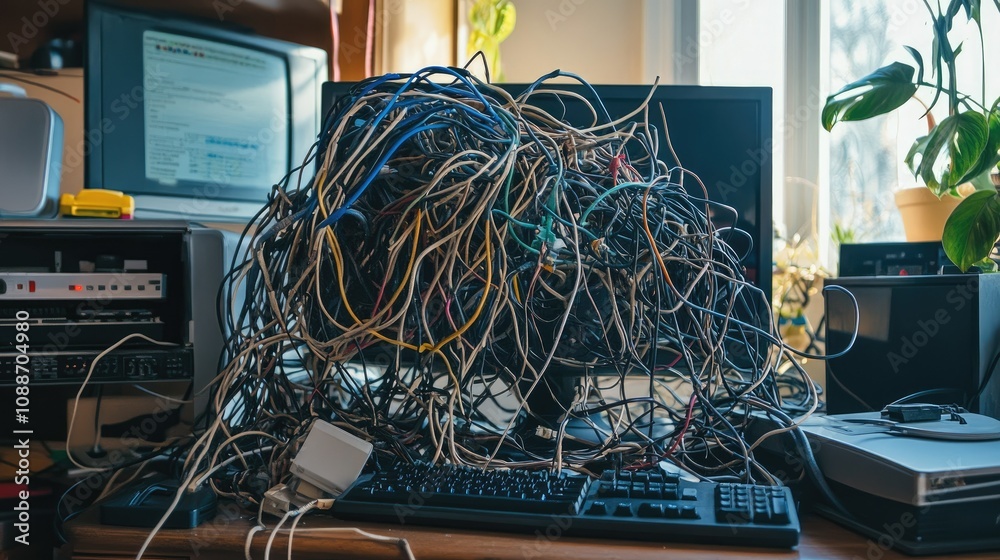 Poster A jumbled cluster of wires wrapped around a malfunctioning computer, showing the frustration of dealing with electrical chaos and disorganization.
