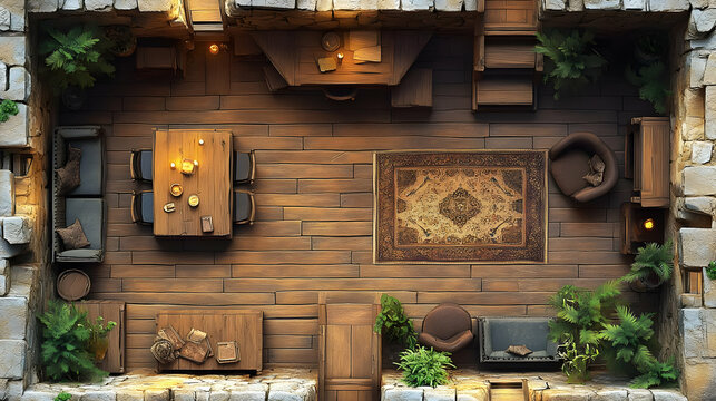 Medieval Room Design:  Wooden Floor, Cozy Furnishings, Stone Walls