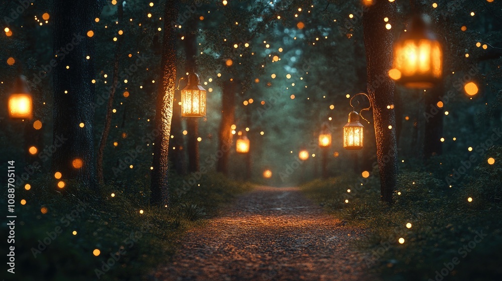 Aufkleber A magical twilight forest pathway illuminated by lanterns, with sparkling lights creating an enchanting atmosphere.