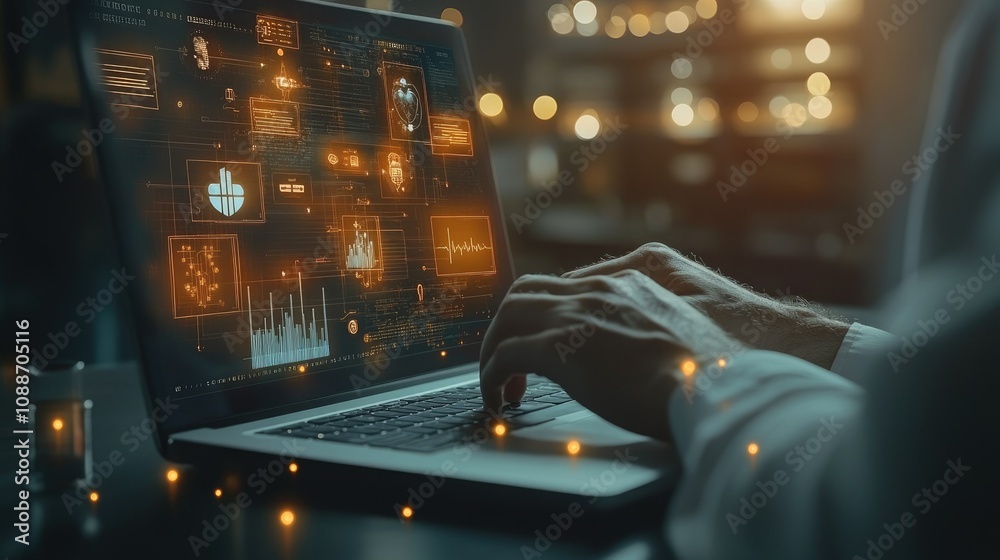 Poster a man typing on a laptop with glowing medical icons, representing ai technologies and digital health