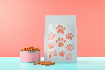 A bag of dog food with a picture of paws on it sits next to a bowl of dog food