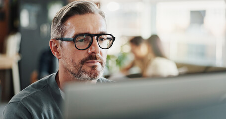 Glasses, research and computer with business man in office for planning, networking or company...