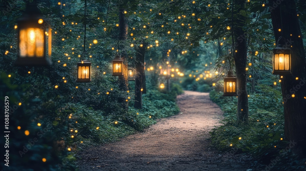 Poster A peaceful forest pathway bathed in twilight light, with glowing lanterns and sparkling lights creating a magical atmosphere.