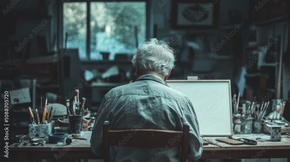 Aufkleber an elderly artist sits at a cluttered desk, preparing to create art in a dimly lit studio.