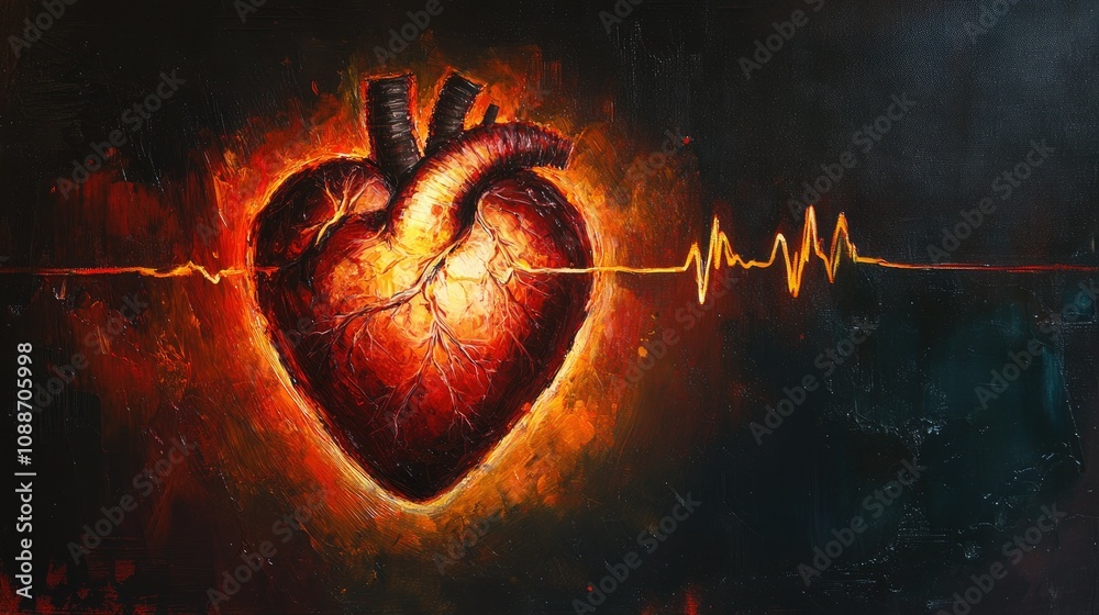 Poster a radiant heart with an electrocardiogram line pulsing in the dark, symbolizing vitality and the ess