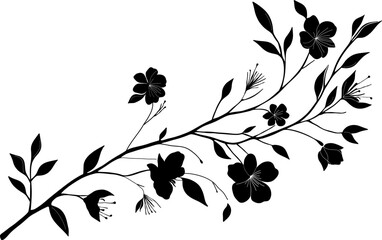 Black floral branch silhouette with leaves and blossoms in a minimalist design. Cherry blossom 