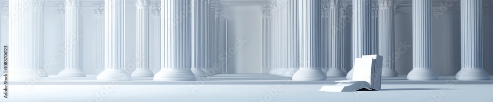 Poster a serene, minimalist space featuring white columns and an open book, evoking tranquility.