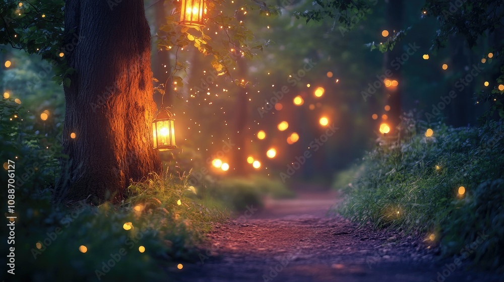 Poster A serene forest pathway with softly glowing lanterns and sparkling lights, creating a dreamy, twilight ambiance.