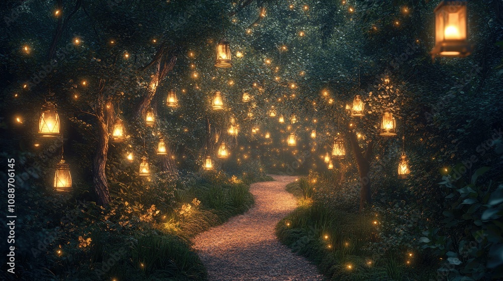 Poster A serene forest pathway with softly glowing lanterns and sparkling lights, creating a dreamy, twilight ambiance.