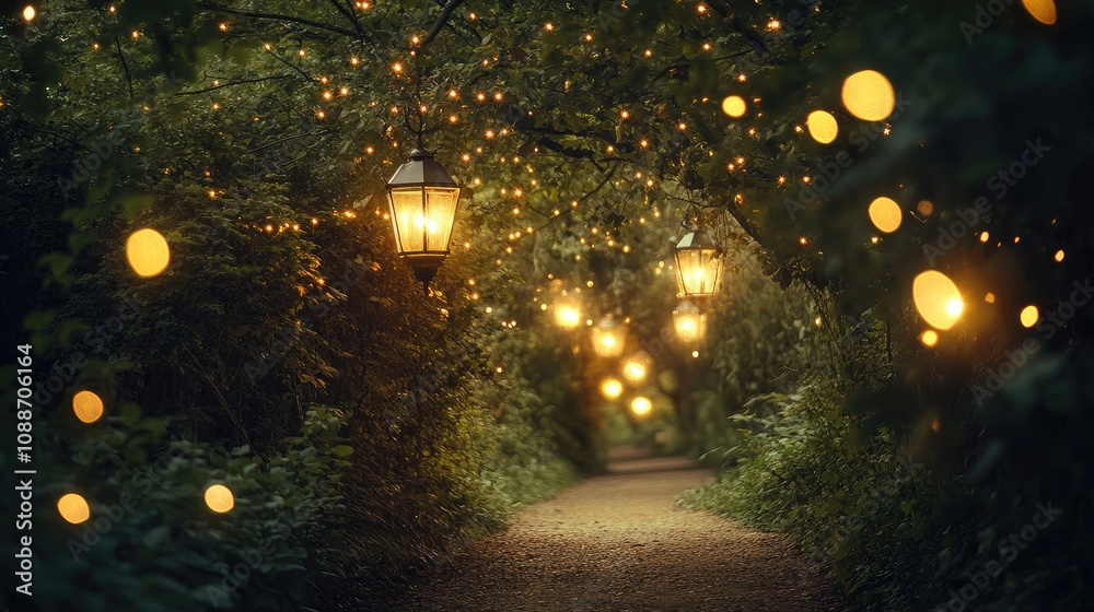 Aufkleber A serene forest pathway with softly glowing lanterns and sparkling lights, creating a dreamy, twilight ambiance.